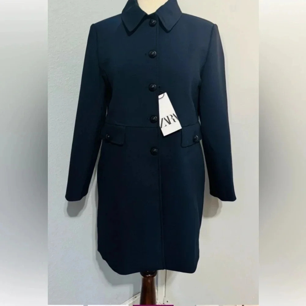 Zara Navy Blue Luxury Lapel Collar Long Sleeves Short Pocket Coat Medium NWT - Picture 4 of 9